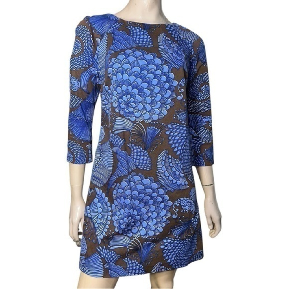 Elizabeth McKay Women's Size 8 Brown Blue Asian Floral Cotton Shift Dress